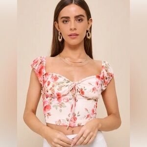 Lulus Floral Mesh Cap Sleeve Tie Front Crop Top New with Tags